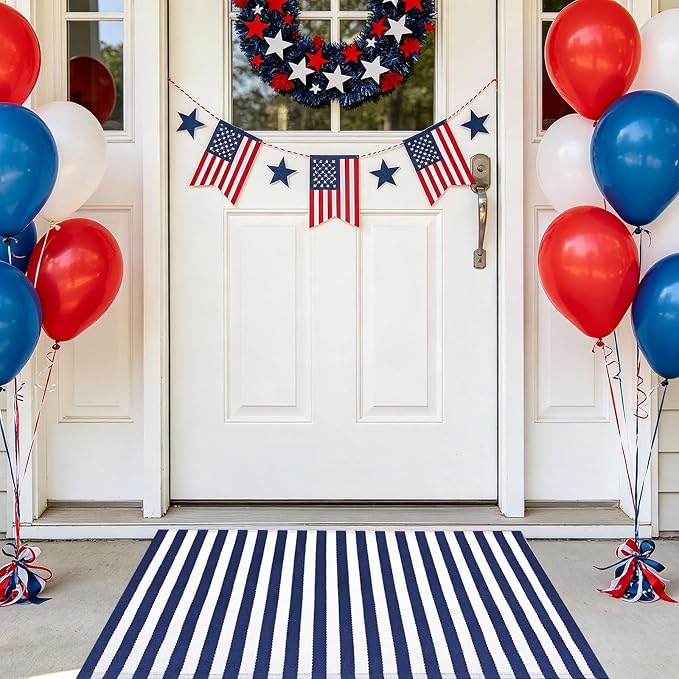 CAINANEL Blue and White Striped Rug 4th of July Door Mat Summer Front Porch Rug Independence Day Welcome Doormats for Farmhouse Entrance Porch Outdoors Decor(Blue and White, 24'' x 35'')