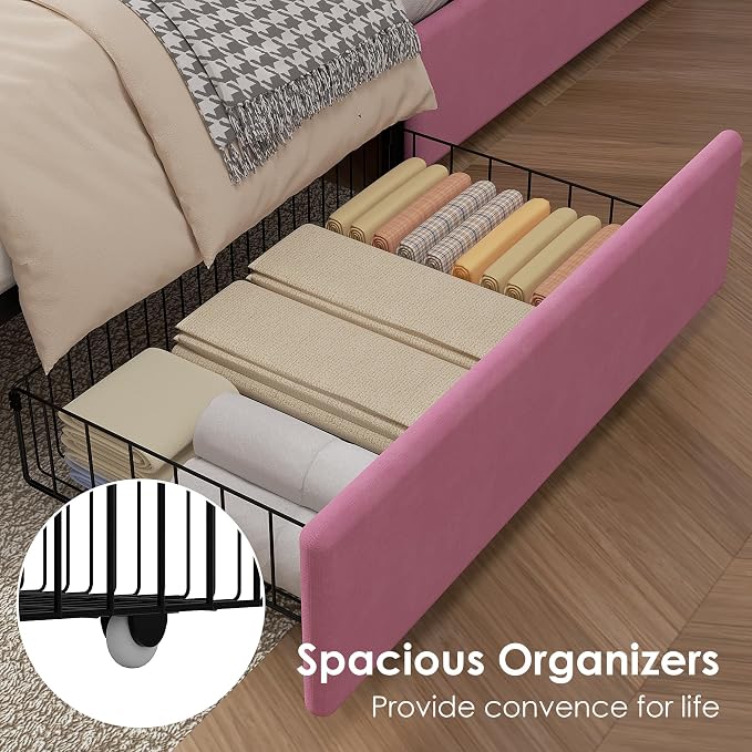 VECELO Queen Size Upholstered Bed Frame with 4 Storage Drawers, Adjustable Velvet Rivet Decor Headboard, Wooden Slats Platform Support, No Box Spring Needed, Easy Assembly,Pink