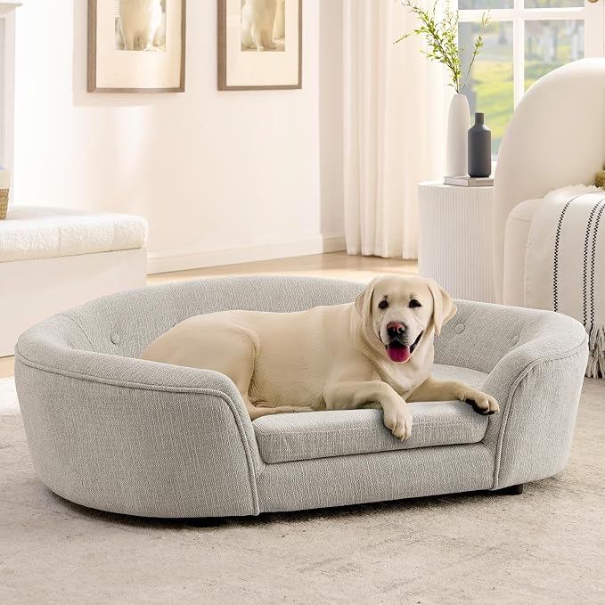 Dog Couch Bed with Oval Semi-Enclosed, Durable Linen Material Pet Sofa with Soft Foam Cushion, Dog Sofa Bed with Legs for Medium Dogs, Beige