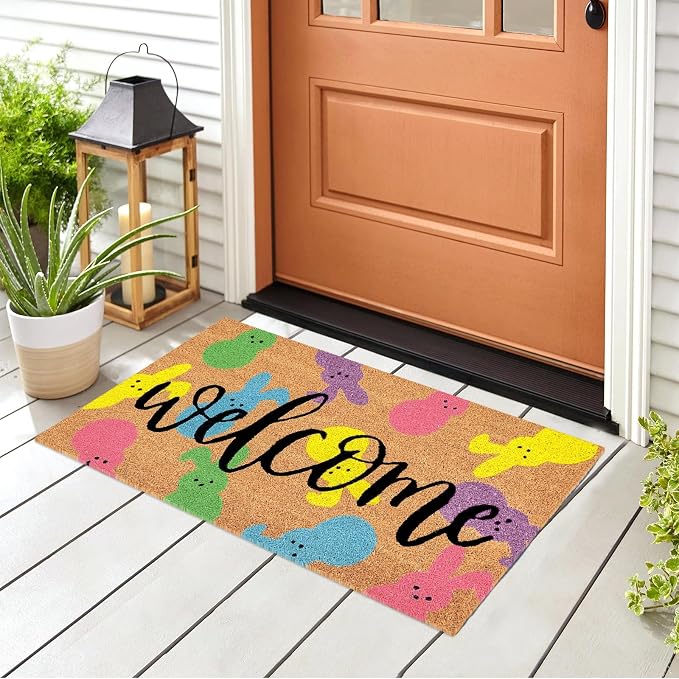 JarThenaAMCS Easter Natural Coir Doormat Colorful Bunny Rabbit Floor Mat Non-Slip Entrance Door Rugs for Indoor Outdoor Home Bathroom Decor, 16.5 x 29 Inch