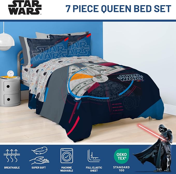 Star Wars Queen Comforter Set 7 Piece Soft Bedding for Boys, Dark Blue | Bed in a Bag, Comforter Sheets Shams Pillowcases, Official Product, Soft Microfiber, Machine Washable, Boys Gift