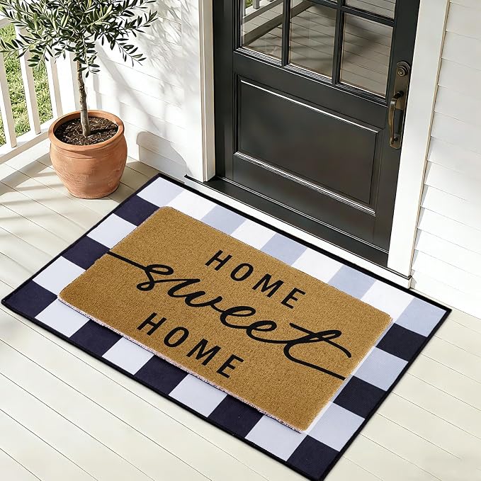 Home Sweet Home Welcome Doormat Set, 2 Pack Layering Entry Rugs with Coir Loop Printed Mat and Buffalo Plaid Crystal Velvet Under Rug Home Sweet Front Door Doormat for Farmhouse Entryway Decor