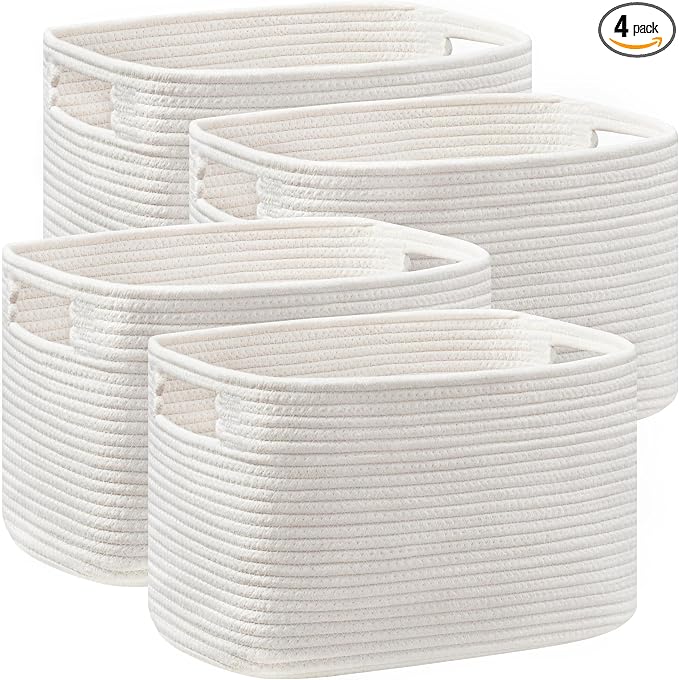 4 Pack Storage Baskets for Organizing, Shelf Baskets with Handles, White | 14.5"Lx9.8"Wx9"H, Woven Basket, Cotton Rope Basket, Toy Storage, Cube Shelf, Gift Baskets Empty, Home Decor