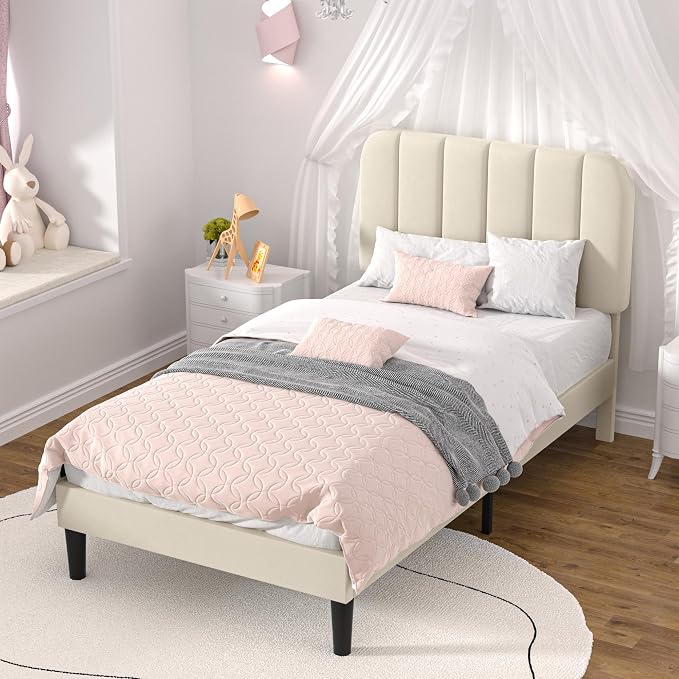 VECELO Twin Size Bed Frame with Upholstered Headboard, Velvet Platform Bedframe Mattress Foundation, Strong Wood Slat Support, No Box Spring Needed,Velvet Beige