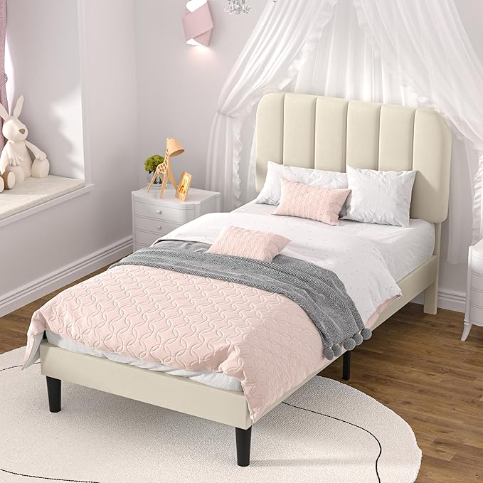 VECELO Twin Size Bed Frame with Upholstered Headboard, Velvet Platform Bedframe Mattress Foundation, Strong Wood Slat Support, No Box Spring Needed,Bone Beige