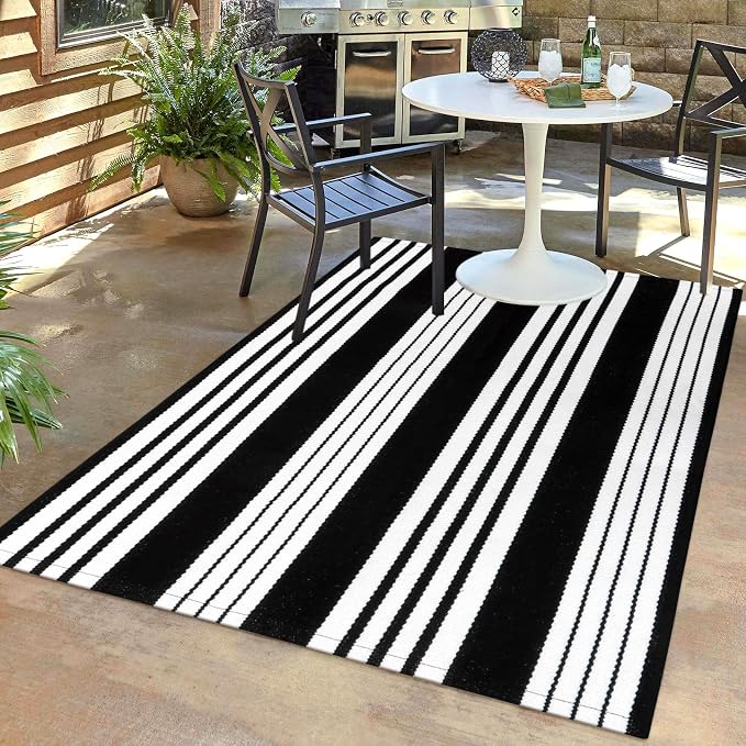 LEEVAN 4'X6' Black and White Striped Woven Cotton Reversible Outdoor Rug | Machine Washable Front Porch Rug, Entryway Door Mat, Indoor Layering Carpet for Balcony Farmhouse Laundry Farmhouse