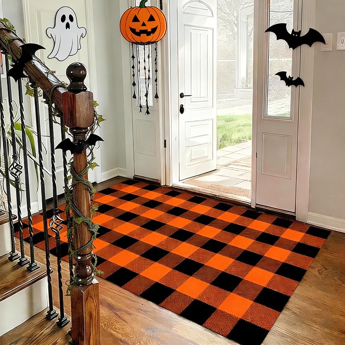 Halloween Orange and Black Buffalo Plaid Rug, 3'x5' Indoor Outdoor Durable Rug, Spooky Accent Mat for Halloween Indoor Outdoor Decor, Living Room, Porch, Patio, Entryway