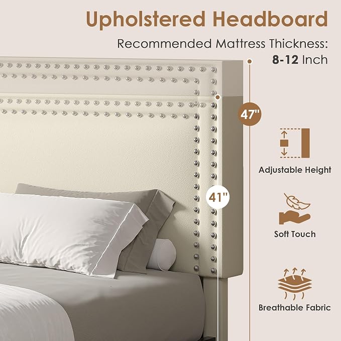 VECELO Queen Size Platform Bed Frame with Height Adjustable Upholstered Headboard, Modern Mattress Foundation,Strong Wood Slat Support, No Box Spring Needed, Easy Assembly,Beige
