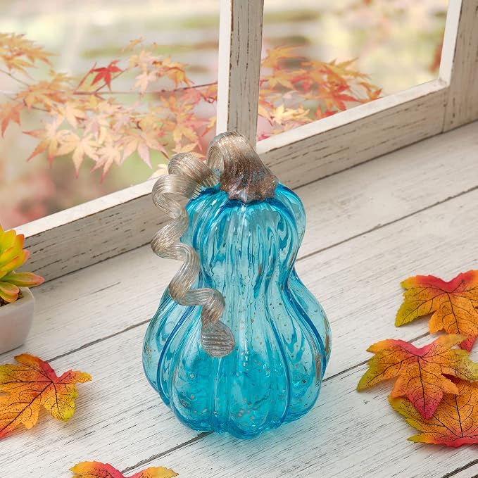 Glitzhome Hand Blown Glass Pumpkin Decor 8.5" Blue - Artisan Fall Table Centerpiece for Thanksgiving Harvest Home Decor Halloween Displays