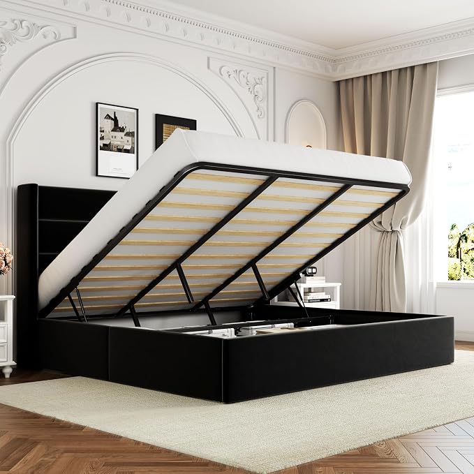 Allewie King Size Lift Up Hydraulic Storage Bed Frame Black | Modern Wingback Headboard, Hydraulic Support Storage, No Box Spring Needed