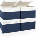 Bagnizer Large 22 Quart Linen Fabric Foldable Storage Bin Cube Organizer Basket with Flip-Top Lid & Handles, Clothes Blanket Box for Home, Office, Closet, Navy Blue & White, 4 Pack 14.6 x 9.5 x 9.5