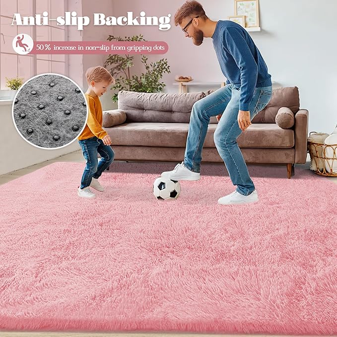 5x7 Area Rug for Living Room: Fluffy Shag Soft Washable Rugs Fuzzy Plush Indoor Carpet for Bedroom Nursery Playroom Dorm Kids Girls Boys Room (Pink, 5'x7')
