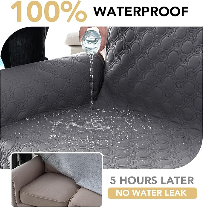 H.VERSAILTEX 100% Waterproof Sofa Covers for 2 Cushion Couch Triple Non-Slip Loveseat Covers with Storage Pocket Washable Couch Protector for Dogs(Loveseat, Grey)