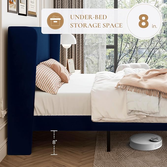 SHA CERLIN King Size Velvet Bed Frame, Tufted Wingback Headboard, Blue | 47'' Modern Vertical Channel Headboard, Upholstered Platform Bed, Wood Slats, No Box Spring Needed, Easy Assembly, Noise Free
