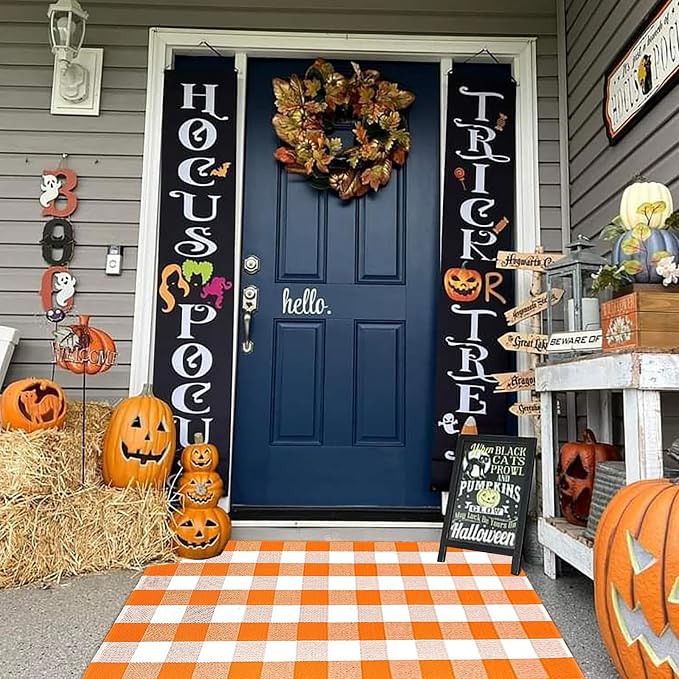 Bottalive Buffalo Plaid Outdoor Rugs, 3'x5' Orange and White Checkered Indoor/Outdoor Area Rug, Layering Rug for Hello/Welcome Door Mat, Washable Cotton Woven Farmhouse Mat for Fall Front Porch Décor