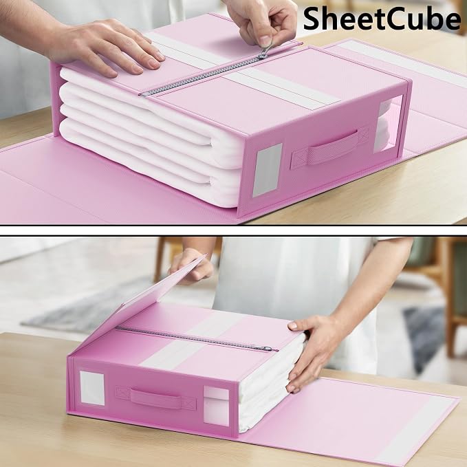 SUOCO SheetCube Bed Sheet Organizers and Storage 6 Pack, Foldable Linen Closet Organizer with Window and Label, Bedding Folder Storage Box Container for Blanket, Duvet Cover Set, Bed Sheet Set - Pink
