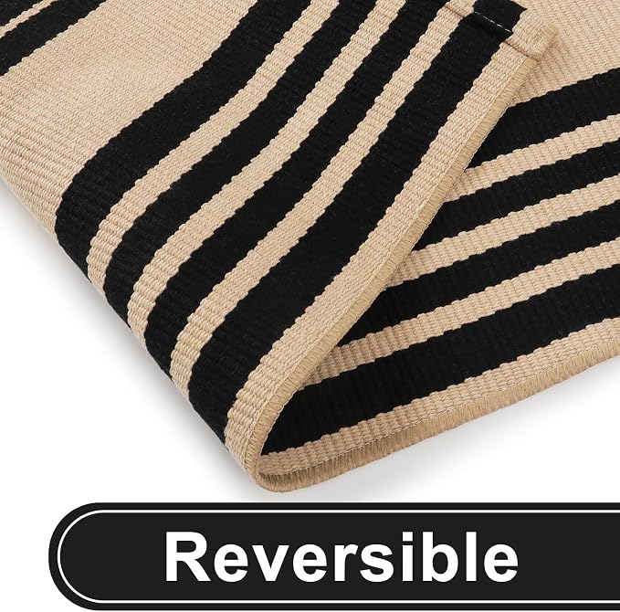 KIMODE Front Door Mats 24"x35", Striped Layered Door Mats Outdoor, Washable Farmhouse Outdoor Porch Fall Decor, Cotton Hand Woven Rugs for Entryway Kitchen Black and Khaki
