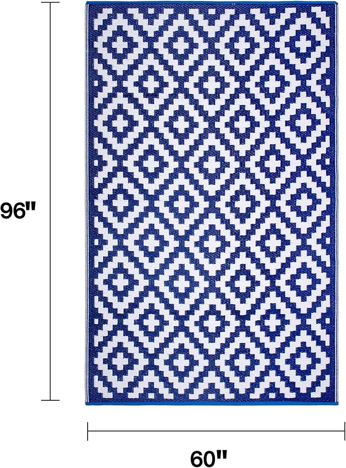 FH Home Outdoor Rug - Waterproof, Fade Resistant, Reversible - Premium Recycled Plastic - Geometric - Patio, Porch, Deck, Balcony - Aztec - Blue & White Crease Free - 5 x 8 ft