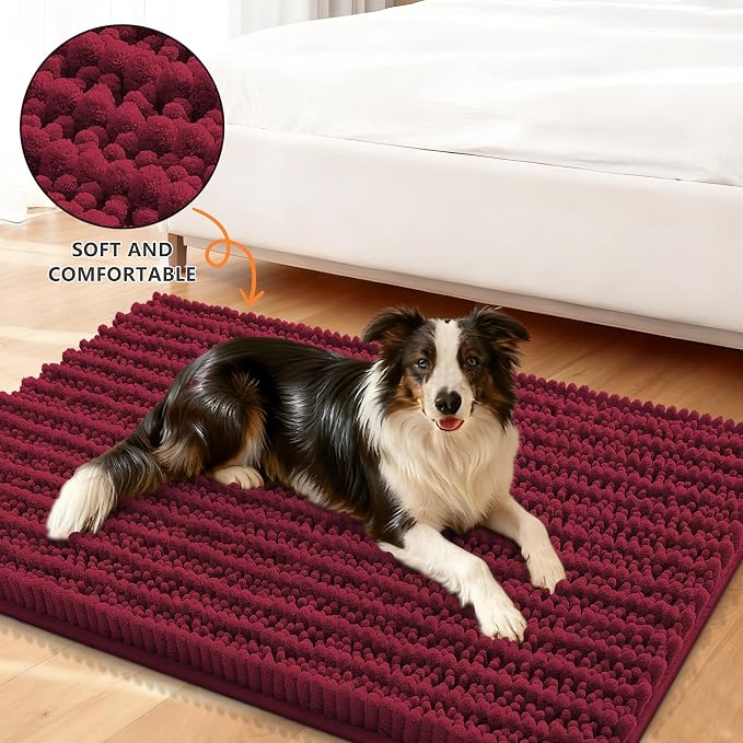 Smiry Dog Door Mat for Muddy Paws 24x16, Absorbent Dirt Trapper, Non-Slip Washable Chenille Entryway Rug for Inside Floor, Burgundy, Layered Pattern