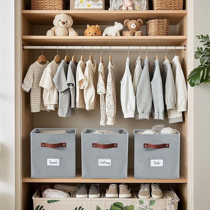 DECOMOMO Storage Bins, Cube Storage Bin with Labels | 13" x 13" x 13" Fabric Storage Cubes for Shelves (6pcs, Grey)