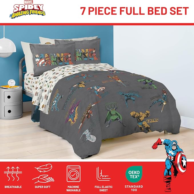Marvel Comics Avengers Full Size Comforter Set 7 Piece Bedding, Gray | Hulk Captain America, Comforter Sheets Shams Pillowcases, Official Product, Microfiber, Machine Washable, Boys Gift