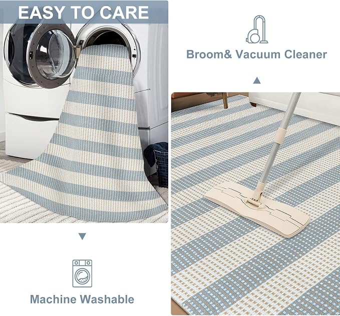LEEVAN Door Mat Outdoor Entrance 2x3, Washable Striped Front Porch Rug, Blue and White Buffalo Welcome Mat, Spring Outside Entryway Rugs, Cotton Woven Indoor Outdoor Layered Doormats | Woven Front Porch Rug, Dusty Blue and White Welcome Door Mat, Sprin...