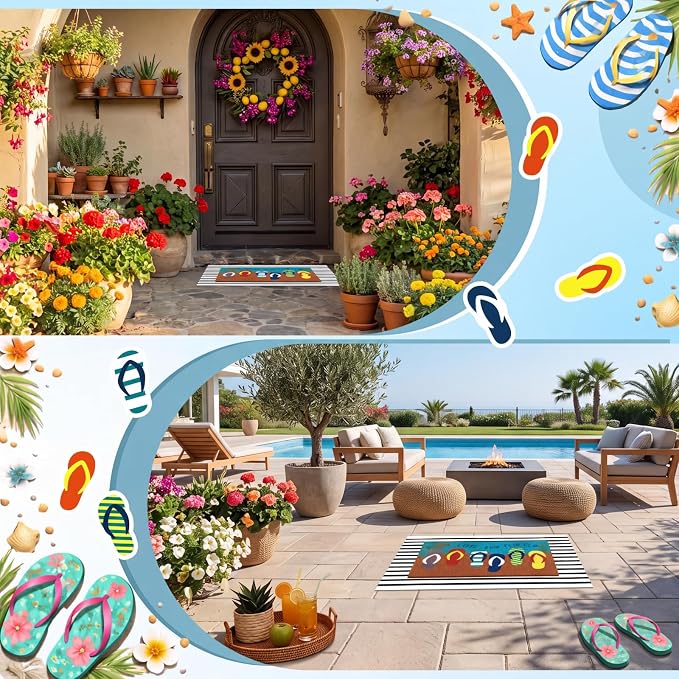 Moucuny 2 Pcs Summer Coir Doormat Outdoor, 16'' x 28'' Beach Mats Peace Love and Flip Flops Welcome Mats, 24'' x 35'' Non-Slip Outdoor Black White Stripe Layered Rug for Porch Front Entryway Decor