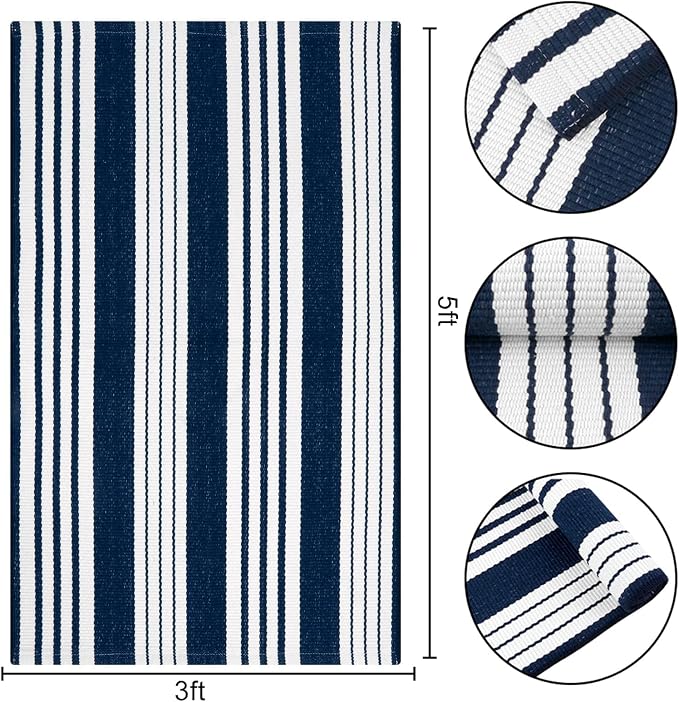 OJIA Blue & White Outdoor Rug 3'x5' Front Porch Rug Outdoor Mat Patio Decor | Cotton Woven Striped Patio Rug Machine Washable Indoor Outdoor Rugs Entry Layered Door Mats for Entryway/Front Door Entrance