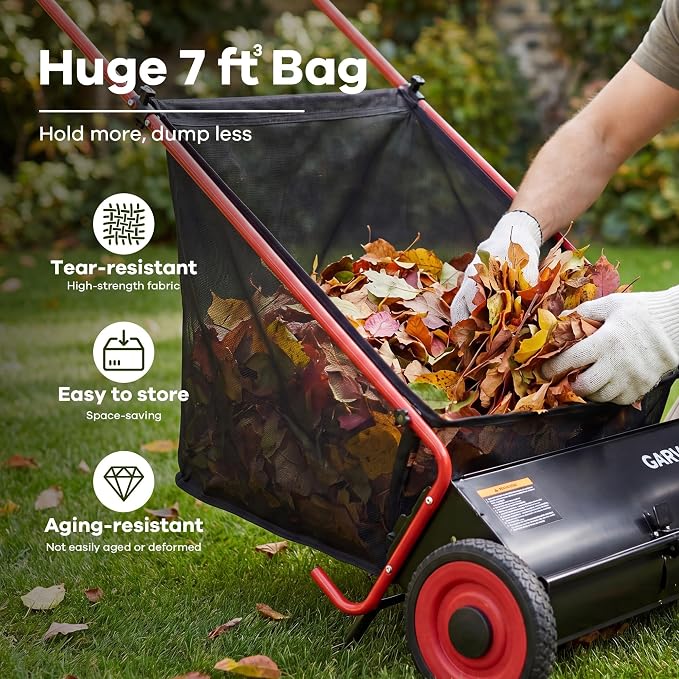 Push Lawn Sweeper, 26 in Leaf & Grass Collector with 7 cu. ft. Hopper Bag, Heavy Duty Yard Sweeper with Clear Dust Cover & Large Collection Bag for Lawn Yard Cleanup