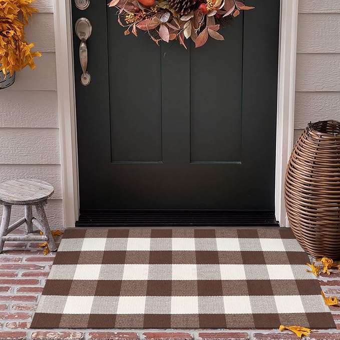KIMODE Fall Decor Door Mat Buffalo Plaid Outdoor Mat 24"x35" Farmhouse Brown Checkered Rug Fall Thanksgiving Front Porch Rug Decor Washable Layered Door Mats Outdoor Autumn Mats