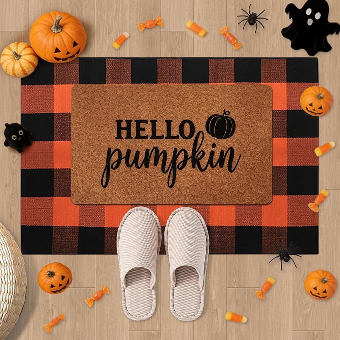2 Pcs Halloween Decor Door Mat Combo Set, Coir Welcome Mat & 27.5 x 43 Inches Orange and Black Plaid Rug,Layered Buffalo Plaid Mat for Front Porch Entryway, Indoor Outdoor Welcome Mats