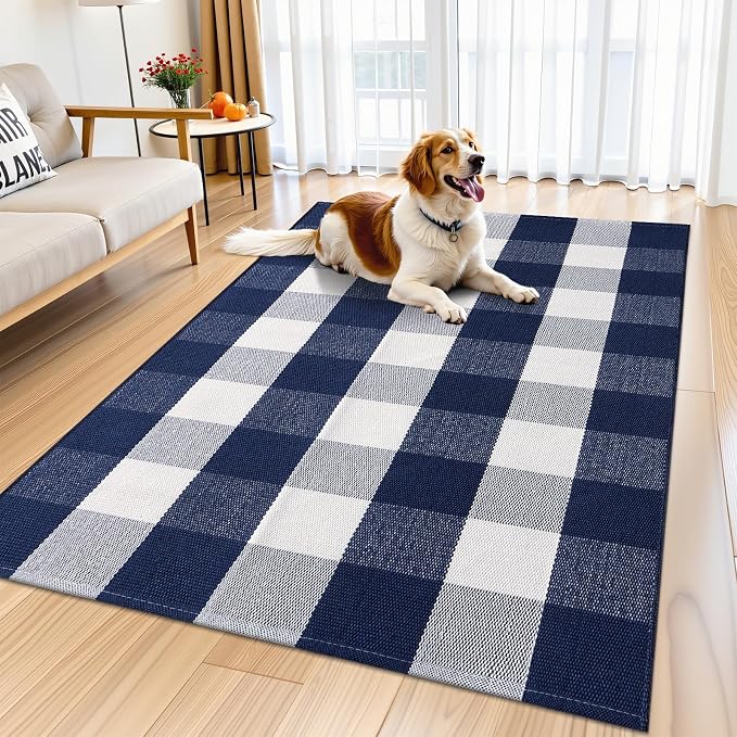 OLANLY Buffalo Plaid Rug 3' x 5' – Navy and White Cotton Checkered Doormat, Washable Indoor Outdoor Rug for Layered Front Porch, Kitchen, Entryway Decor