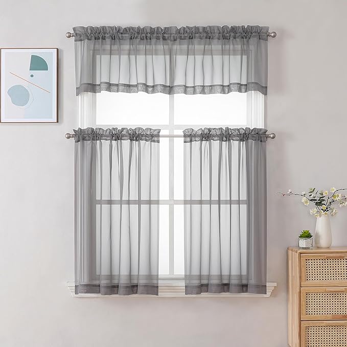Gwine Charcoal Grey Sheer Curtains 30 Inch Length, Short Light Filtering Voile - Image 2