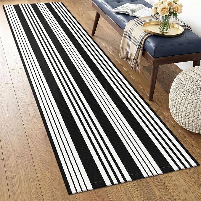 KOZYFLY 2x4.3 ft Black White Striped Rug Front Door Rug Cotton Woven Washable Indoor Outdoor Rugs Entrance Layered Doormat for Front Porch Kitchen Patio Farmhouse Carpet
