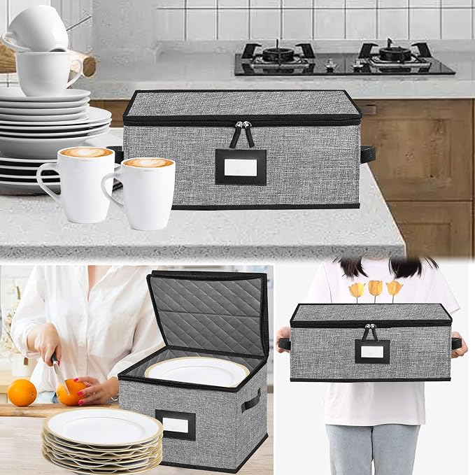 5 PACK China Storage Containers-Quilted Mug Storage and Moving Boxes for Dishes,Dish Packing Supplies for Moving,Dinnerware &Accessories,Holds a total of 48 plates (4 sizes) and 12 cups(Grey) | Holds 48 Plates (4 sizes) and 12 Cups,Dish Packing Supplie...