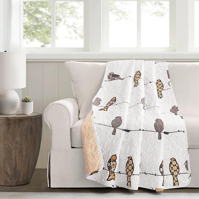 Lush Decor Rowley Birds Reversible Throw Blanket, 50" W x 60" L, Yellow & Gray - Throw Blankets for Bed - Couch Blanket - Farmhouse Throw Blanket for Couch
