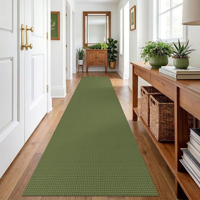 IOHOUZE Washable Runner Rug 2.6x12 Non Slip Rubber Backed Extra Long Hallway Runner Entryway Runner Indoor, Kitchen Rugs Woven Cotton Floor Carpet for Hall Entrance, Olive Green/Earthy Green
