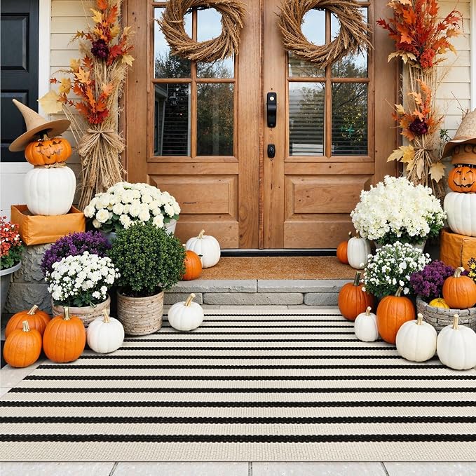 Collive Black and White Rug 3x5, Washable Outdoor Rug for Porch Cotton Woven Farmhouse Indoor Outdoor Rugs, Layered Welcome Door Mat, Floor Throw Carpet for Fall Front Door Decor Kitchen