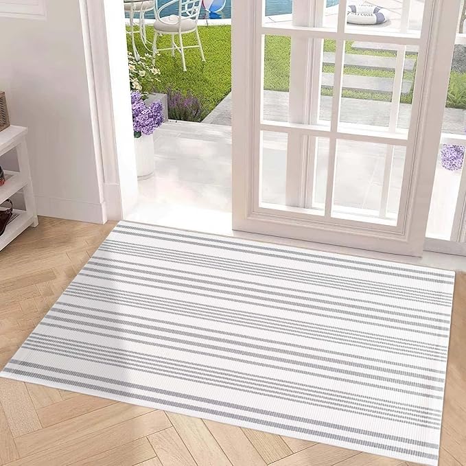 Grey and White Outdoor Rug 24'' x 51''Striped Front Porch Rug Hand-Woven Machine Washable Layered Door Mats for Entryway/Bedroom/Outdoor