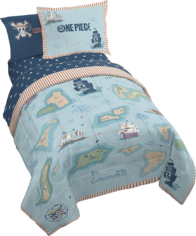 One Piece Luffy Twin Comforter Set 5 Piece Soft Anime Bedding, Multi | Bed in a Bag, Comforter Sheets Sham Pillowcase, Official Product, Soft Microfiber, Machine Washable Easy Care, Gift for Fans