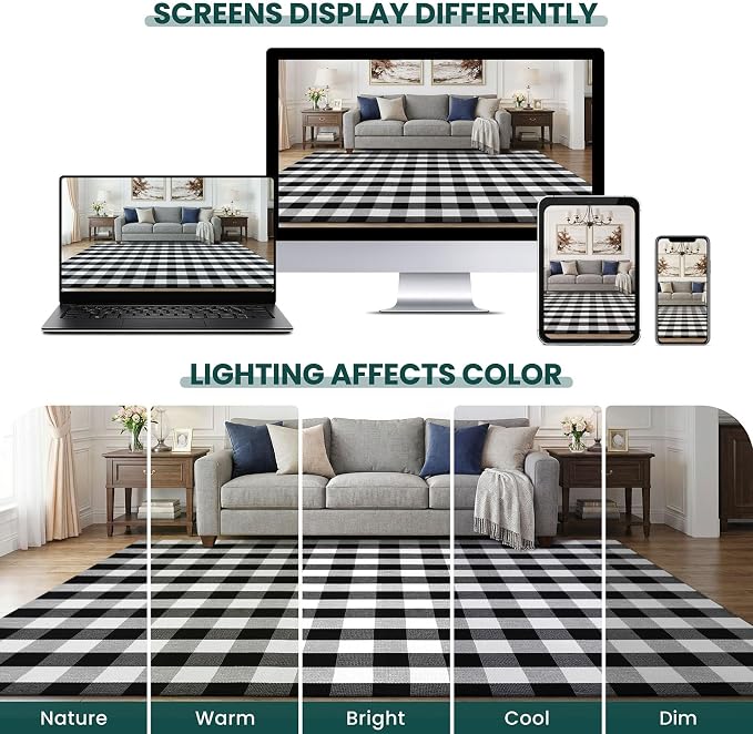 KOZYFLY Buffalo Plaid Area Rug 5x8 Living Room Rug Washable Cotton Black and White Checkered Rugs Outdoor Carpet for Dining Room Bedroom Farmhouse Patio Rugs