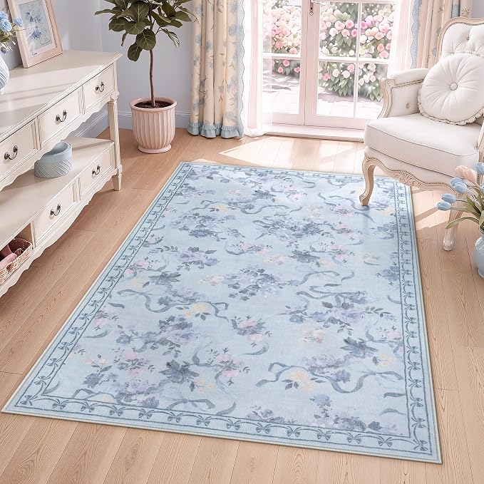 Tribesigns Bow Floral Blue 3x5 Washable Area Rugs for Living Room Entryway | Machine Washable, Non-Slip Backing with 4 Rug Tape, Soft Low Pile, for Coquette Nursery Kids Playroom Dorm Bedroom Decor