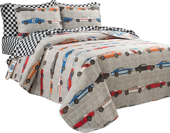 Lush Decor Race Car Kids' 5-Piece Oversized Quilt Bed Set, Reversible Bedding Set for Boys, Blue & Orange, Twin