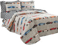 Lush Decor Race Car Kids' 5-Piece Oversized Quilt Bed Set, Reversible Bedding Set for Boys, Blue & Orange, Twin