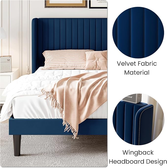 SHA CERLIN Queen Size Velvet Bed Frame, Tufted Wingback Headboard, Blue | 47'' Modern Vertical Channel Headboard, Upholstered Platform Bed, Wood Slats, No Box Spring Needed, Easy Assembly, Noise Free