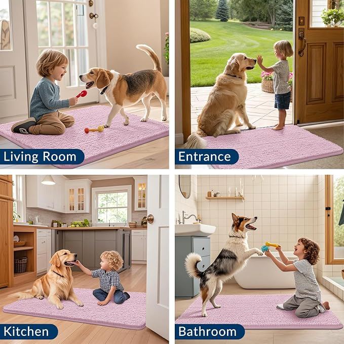 Smiry Dog Door Mat for Muddy Paws 54x24, Absorbent Dirt Trapper, Non-Slip Washable Chenille Entryway Rug for Inside Floor, Dusty Rose, Classic Solid