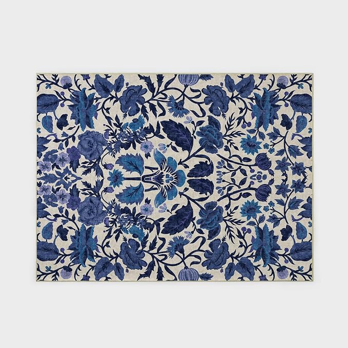 EVERGRACE Area Rugs for Living Room 9x12, Boho Floral Faux Wool Indoor Outdoor Rugs, Washable Rugs for Bedroom Dining Room Entryway Kitchen, Low Pile Floor Mat Carpet for Home Decor, Celtic Blue