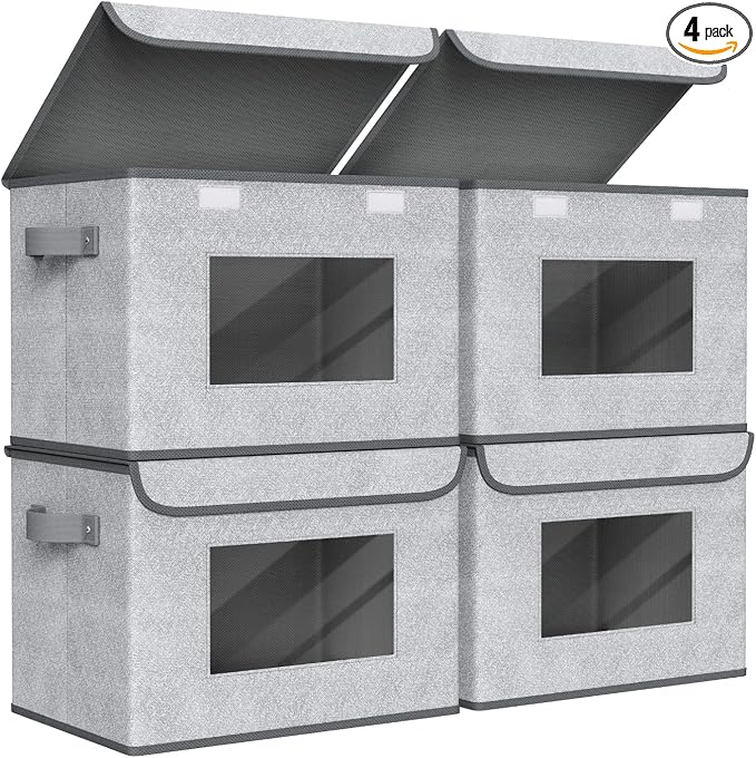 Univivi Fabric Foldable Storage Boxes [4-Pack] Large Collapsible Stackable Storage Bins with Lids, Closet Organizers and Storage Cube Basket for Home, Office, Bedroom (Gray, 17“ x 12” x 12") | 17 x 12 x 12 In Clothes Storage Bins with Handles & Window,...