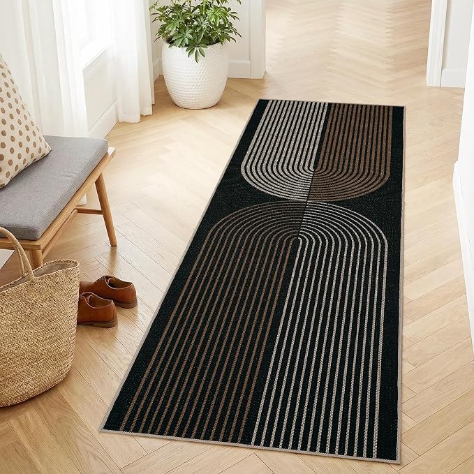 COZYLOOM 2x6 Striped Entryway Rugs Indoor Washable Easy Jute Runner Rug with Non Slip Backing, Non Shedding Stain Resistant Rainbow Carpet Foldable Thin Mats for Kitchen, Bedroom, Patio, Black Brown