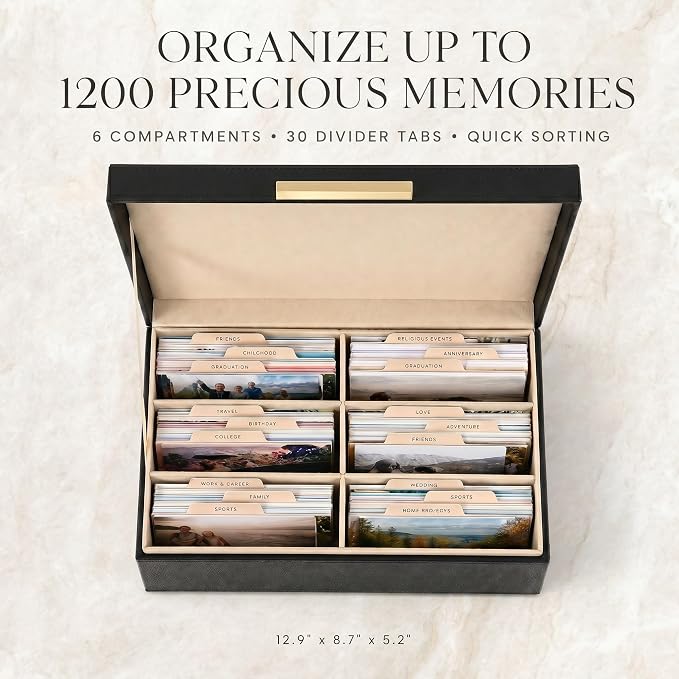 ZICOTO Decorative Photo Storage Box - Sturdy PU Leather Photo Organizer with Dividers is Perfect to Store Up to 1200 Pictures and 4x6 Photos - Portable Scrapbook Storage Containers with Lid